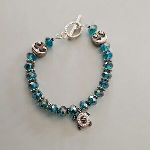 Elegant Silver and Blue Beaded Turtle Bracelet(Hand Made with Love) 7 Inches